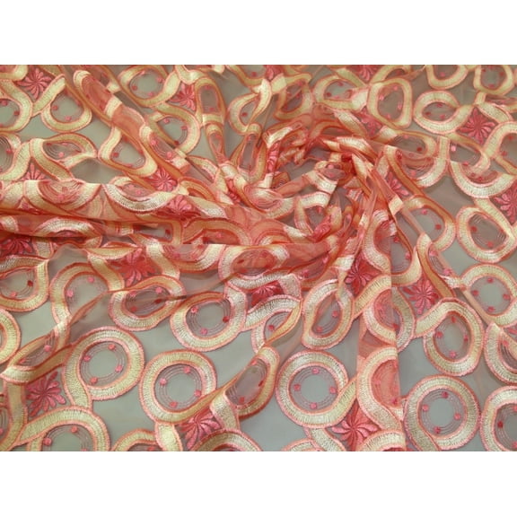 Minerva Embroidered Lace Fabric Coral - per yard