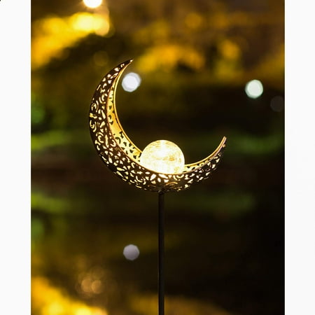 Garden Solar Lights Pathway Outdoor Moon Crackle Glass Globe Stake Metal Lights,Waterproof Warm White LED for Lawn,Patio or Courtyard (Bronze)