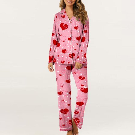 Hpapadks Holiday Pajamas for Women Hearts Print Valentine s Day Button Down Long Sleeve Shirt Pant Cozy Home Wear Outfit Pjs for Women Pink L