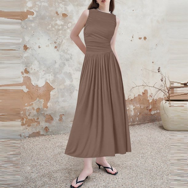 WILLBEST Vestidos De Mujer Vestido Casual Sin Mangas De Color Sólido Para Mujer Vestido Midi De Verano Con Cintura Ajustada A La Moda