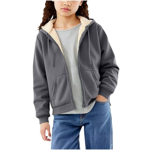 OGLCCG Girls Fleece Jacket Casual Winter Warm Sherpa Lined Zip Up Hooded Sweatshirt Outdoor Loose Kid's Hoodie Outerwear 9-14 Years