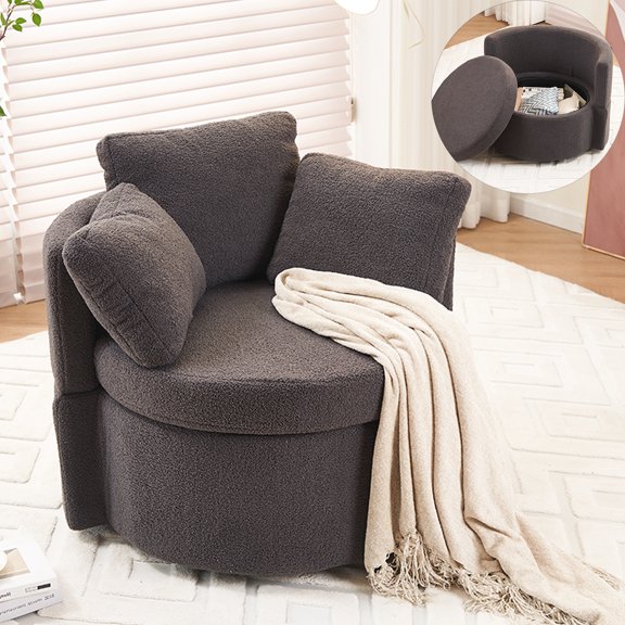Hassch 360° Swivel Barrel Chair with Hidden Storage and 3 Throw Pillows, Modern Teddy Fabric Upholstered Accent Armchair with Black Metal Base for Living Room & Bedroom (Dark Gray)