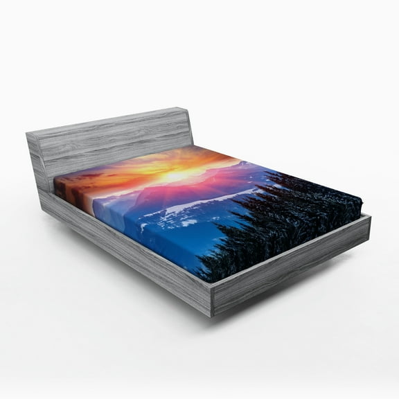Ambesonne Forest Fitted Sheet, Sunset in Mountains, Queen Size, Orange Blue