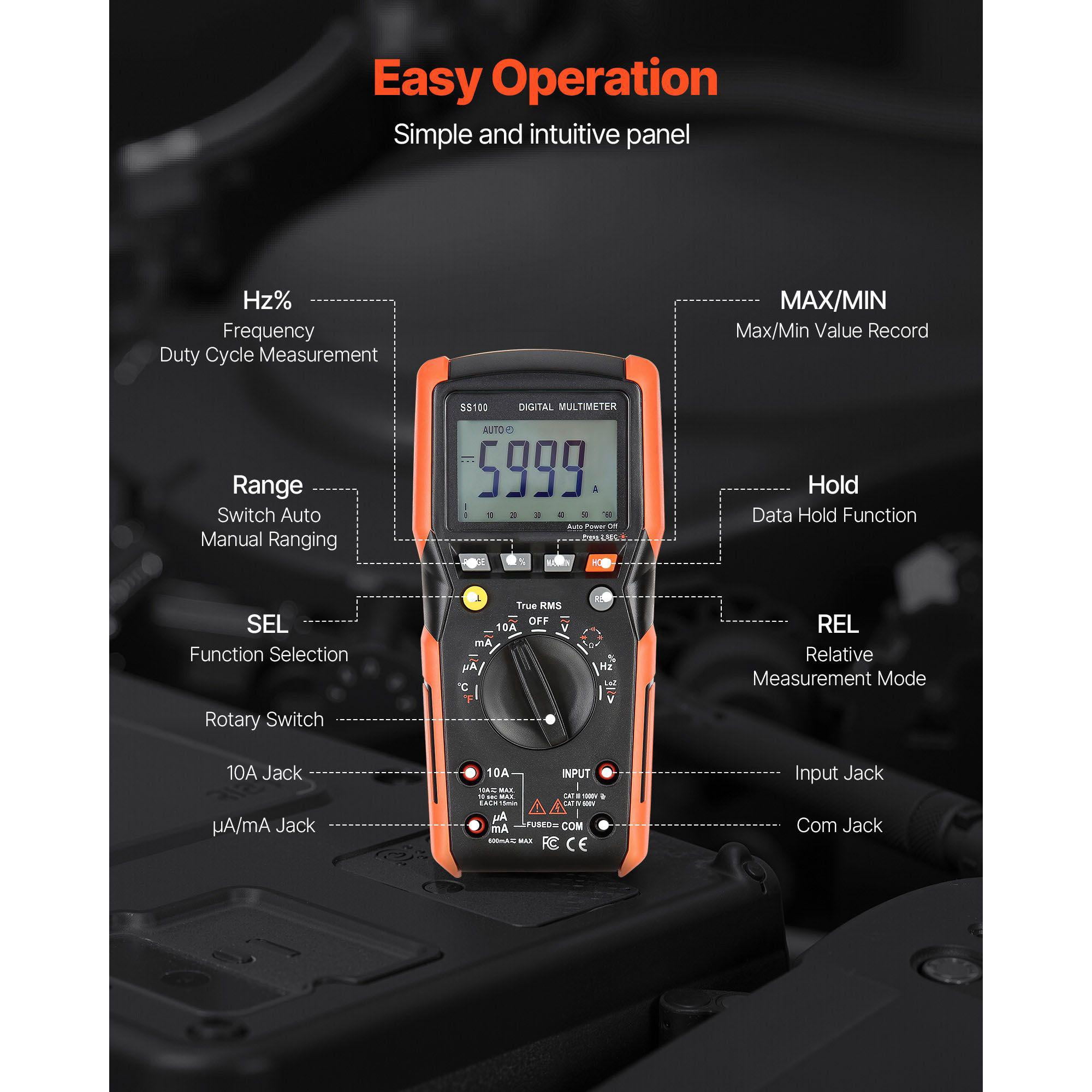 Digital Multimeter 6000 Count TRMS Auto Ranging DC AC Voltmeter Current Tester for Voltage Resistance Capacitance Temperature Diodes Continuity Low Impedance Measurement