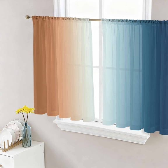 Burnt Orange Blue Ombre Sheer Curtains 45 Inch Length 2 Panels Set, Abstract Modern Art Aesthetics Voile Window Treatment Rod Pocket Small Kitchen Curtains Drapes for Bedroom 52"x45"x2