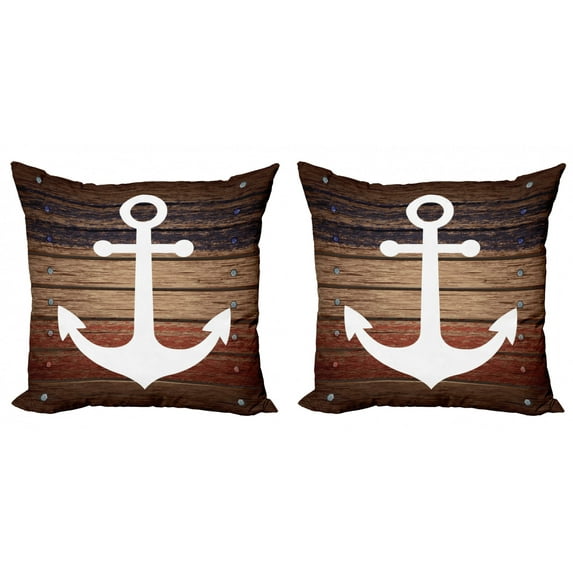 Ambesonne Marine Throw Pillow Cover 2 Pack, Boat Theme Anchor Motif, 18", Brown White