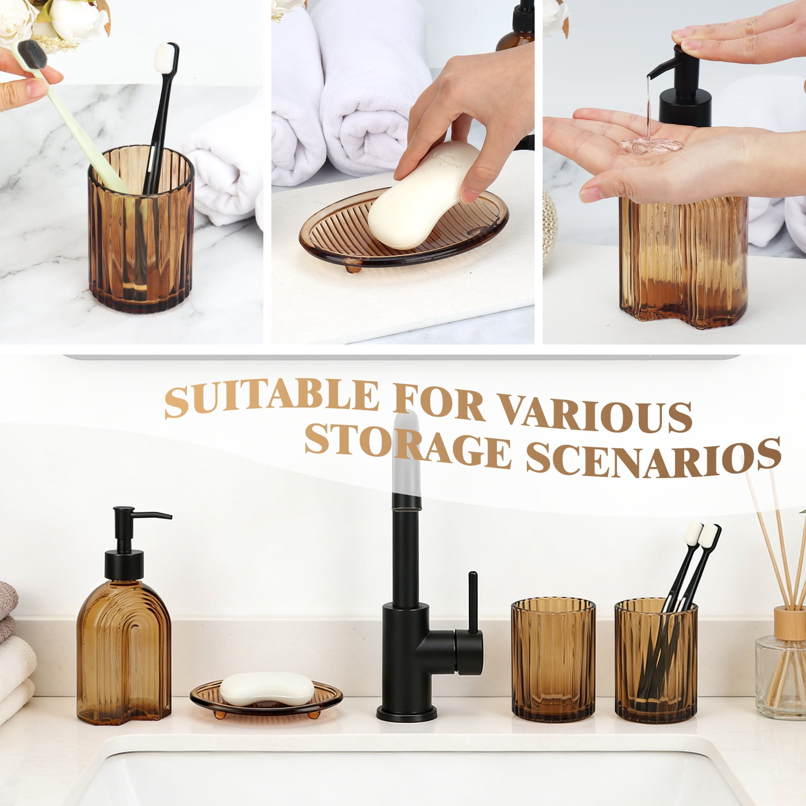 Bathroom Accessories Set, 4Pcs Bathroom Glass Soap Dispenser Set ,with Soap Dispenser , Soap Dish, Tumbler,Brown