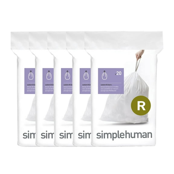 simplehuman Code R 100 Count, Dispenser Pack Custom Fit Liners, Drawstring Trash Bags, 10 Liter / 2.6 Gallon, White
