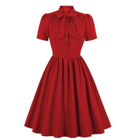 SWSMCLT Women s Midi Dress Short Sleeve Sundress Vintage Stretch Casual Cocktail Mock Neck A Line Dress Fall A Line Summer Red Small