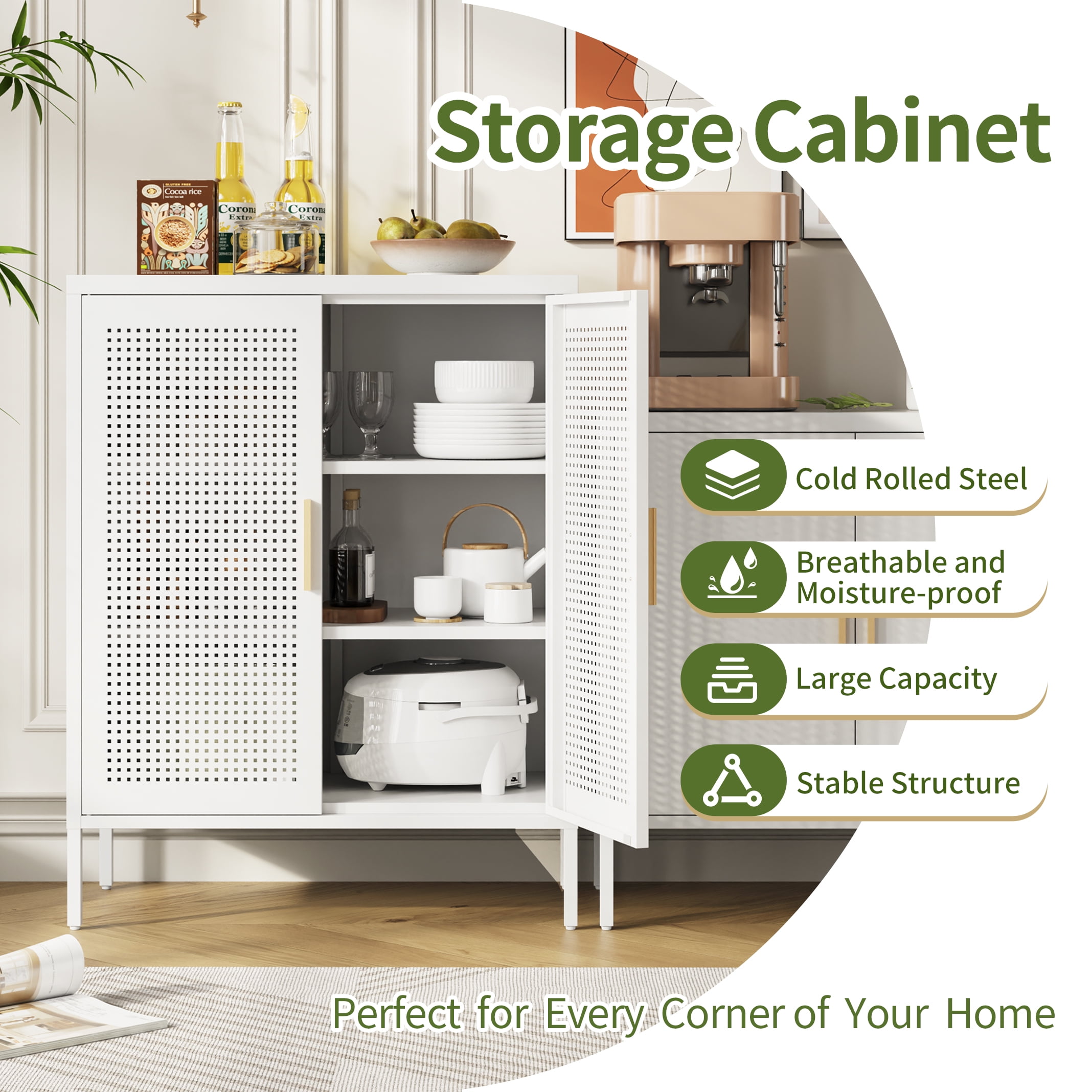 Metal Storage Cabinet with 2 Doors and 2 Adjustable Shelves, Steel Lockable Garage Storage Cabinet, Metal File Cabinet for Home Office School Gym, White