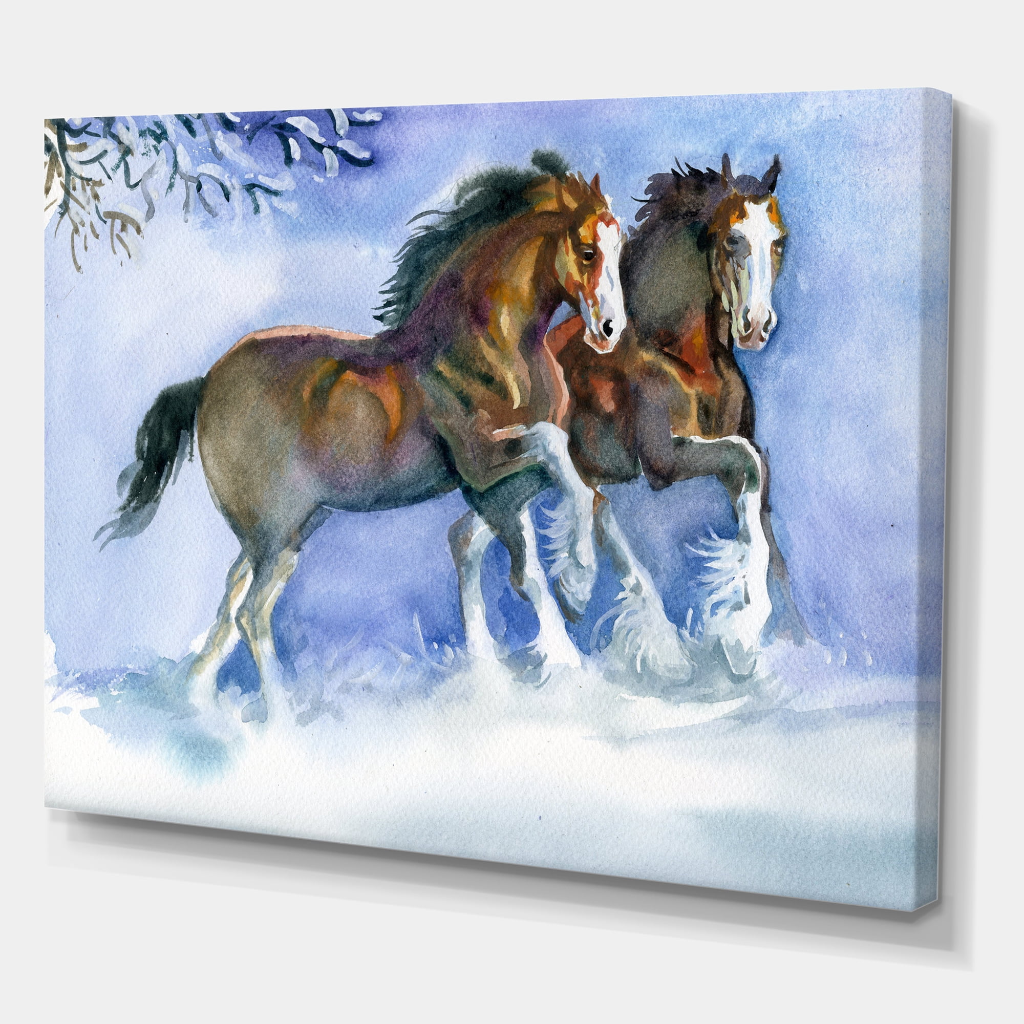 Designart ' Horses Running In Winter On Blue ' Farmhouse Canvas Wall Art Print