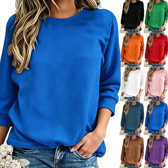 Hoodies Women Dqueduo Women's Solid Color Loose 3/4 Sleeve Round Neck Sweatshirt – Casual All-Season Top Blue XL