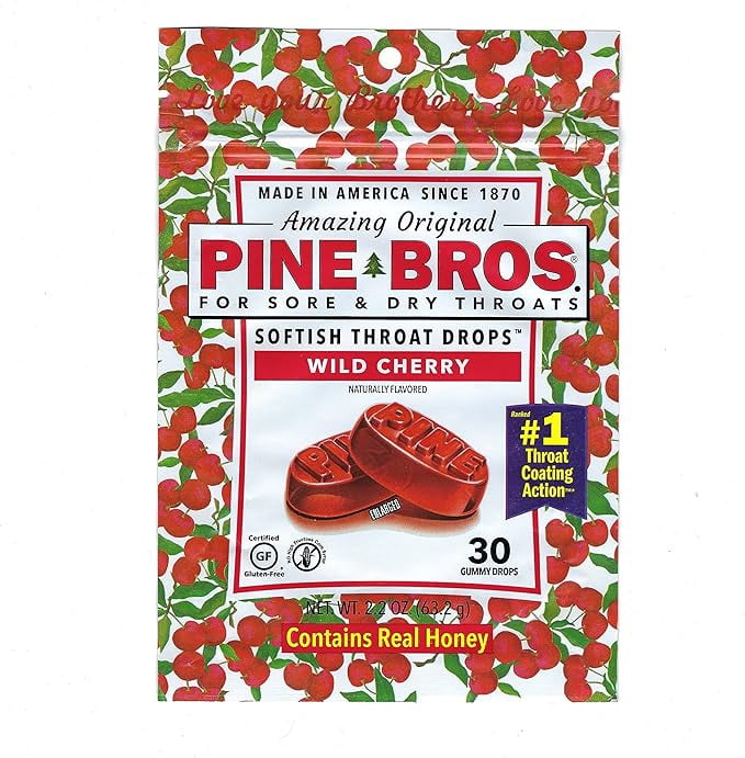 Pine Bros. Wild Cherry Sore Throat Drops, 30 Drops, 24 Pack