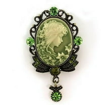CAMEO Brooch Pin Green Crystal Stone Antique Replica Bronze Tone I2