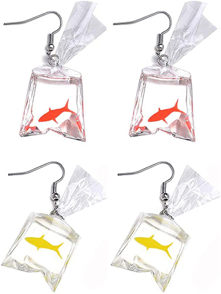 2 Pairs One Red& One Yellow Funny Goldfish Earrings Water Bag Shape Dangle Hook Earrings Charm Jewelry Gift Earrings for Women Girls