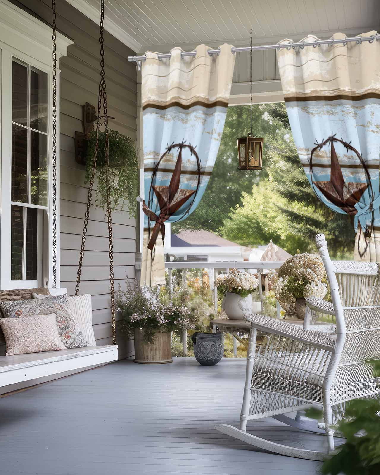nqOlkjepod Outdoor Curtains for Patio Waterproof, Beige Blue Star Outdoor Privacy Panels Grommet, Texas Star Wooden Retro Blackout Outside Curtains for Porch/Cabana/Pergola/Gazebo 54"x108", 2 Panels