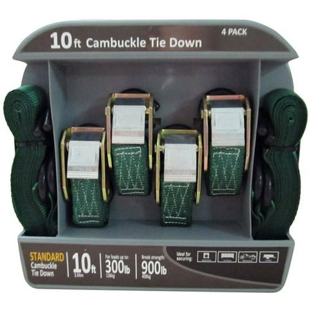 10' Cambuckle Tie Down, Green, 900 lbs, 4-Pack