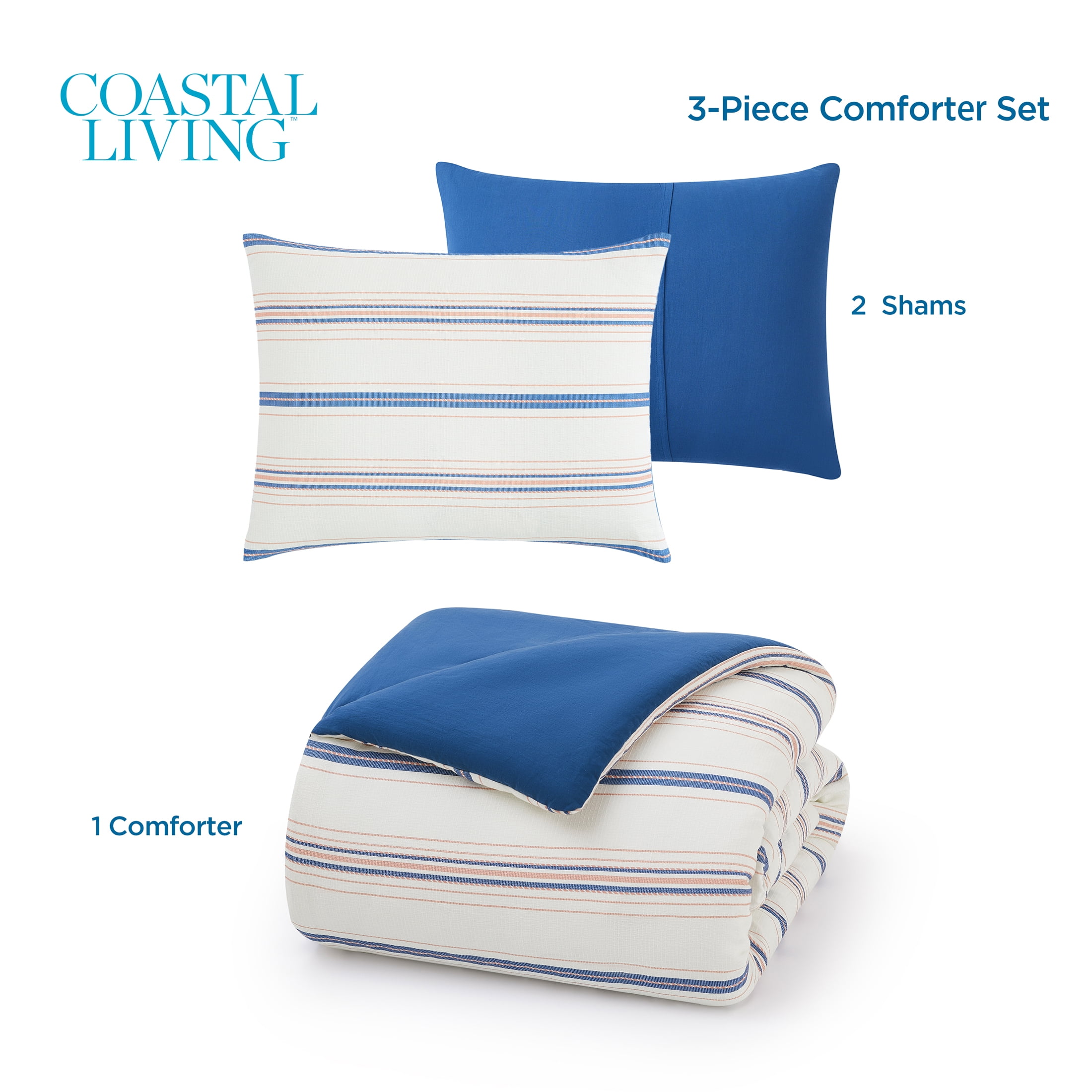 Coastal Living 3-Piece Lightweight 100% Cotton Stripes Comforter Set, Full/Queen