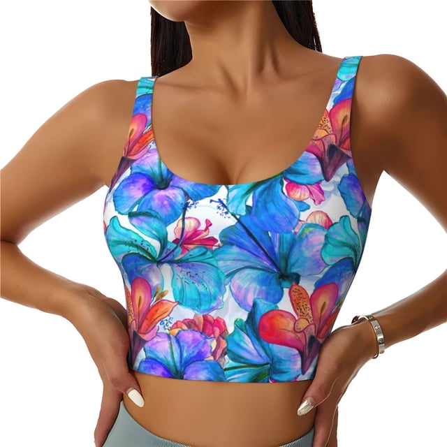 Fotbe Bright Flowers Sujetador Deportivo Largo sin Aros para Mujer con Almohadillas y Soporte Medio, Transpirable y Absorbente, Camiseta Tipo Chaleco o Tank Top-XX-Large
