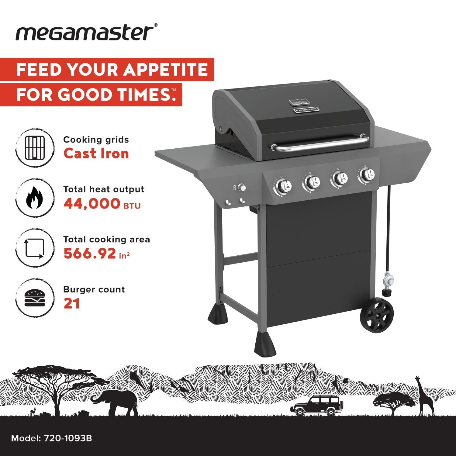 Megamaster 4-Burner Propane Gas Grill with Side Tables, 44,000BTUs, 566.92 SQ. In. Cooking Space, 2 Wheel Transport, Outdoor Kitchen Grill for BBQs, Backyards, Tailgating, and More - 720-1093B