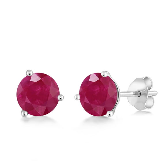 Gem Stone King 18K White Gold Red Ruby 3-Prong Stud Earrings for Women Men (1.10 Cttw, Gemstone July Birthstone, Round 5MM)