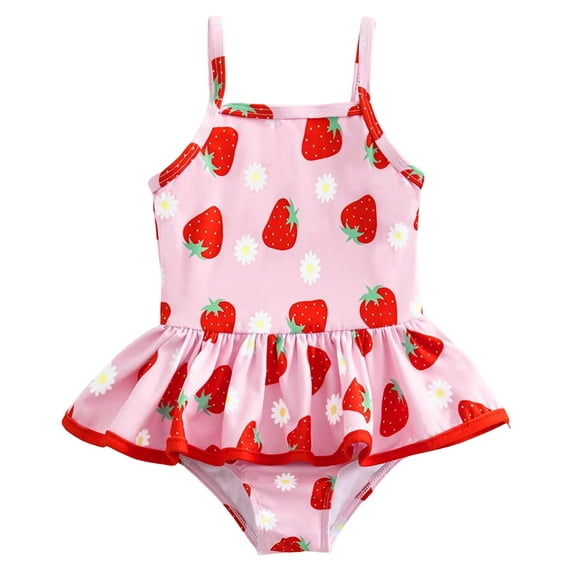 RFQWOVSR Baby Girls Strawberry Print One Piece Swimsuit Floral Skirted Bowknot Bathing Suit for Beach Summer Size 2 Years