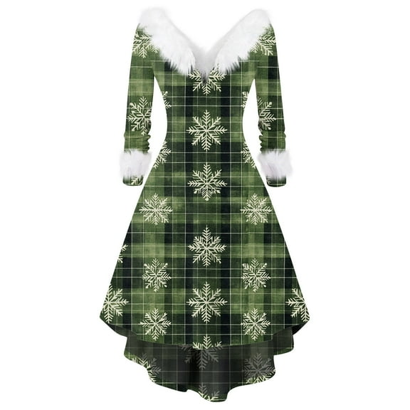 Women's Fashion V-Neck Casual Fit Christmas Print Party Long Sleeve Dress, Plush Trim, Holiday Print, Retro Style, Party Wear, Slim Fit, Festive,Light Green,S