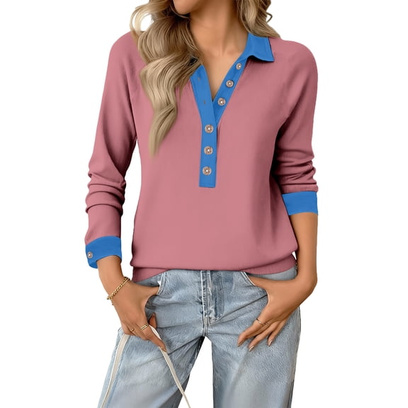 Long Sleeve Shirts for Women V Neck Button Tops Casual Loose Fit Tunic Tops Womens Blouses Pink L