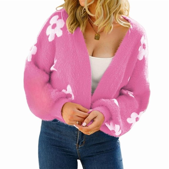 Women'S Cute Daisy Cropped Knitted Cardigand Open Front Long Sleeve Loose Sweater Jackets Outwear Rose Red S