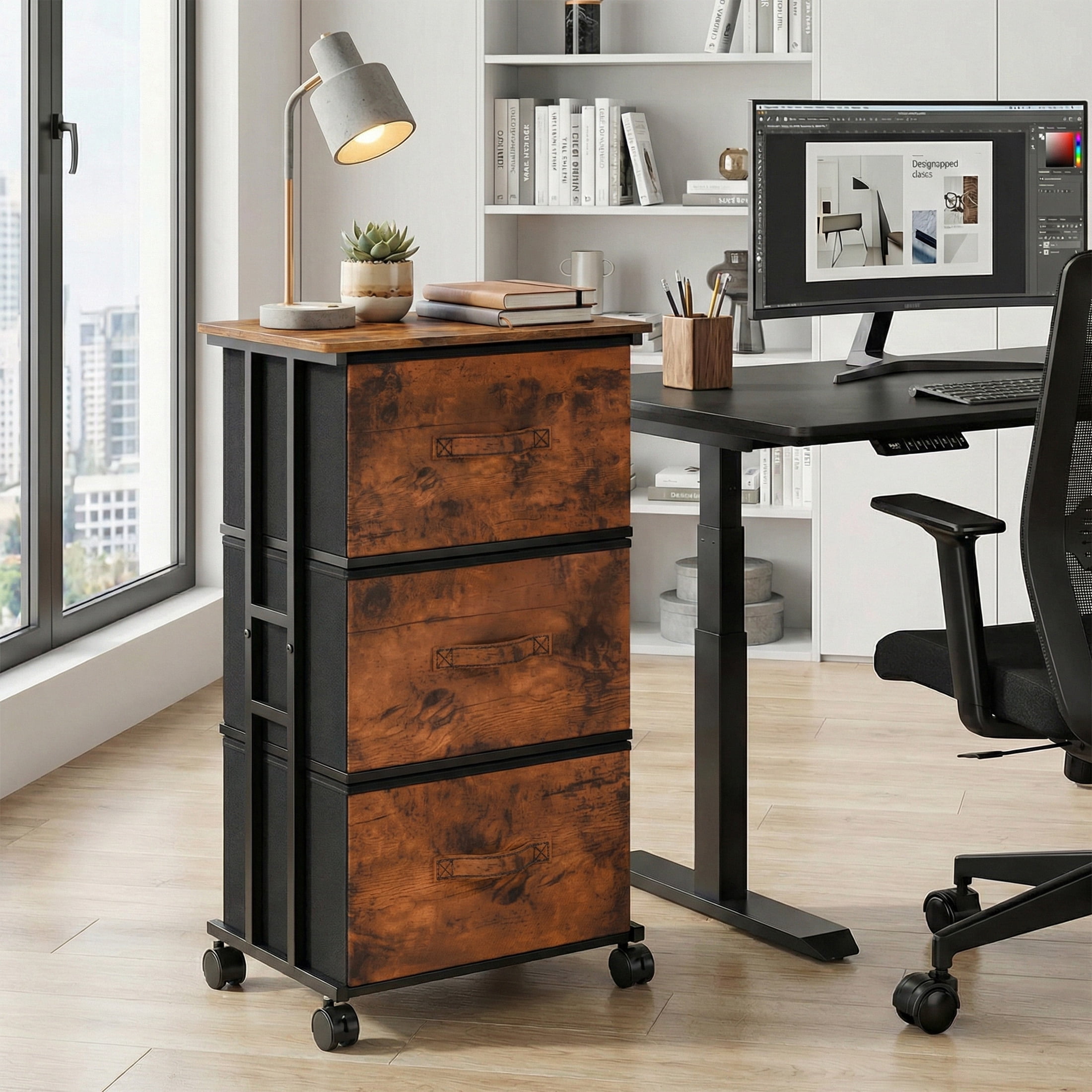 CONCETTA Dresser Storage with 3 Drawers, Storage with Wheels for Bedroom, Home Office, Rust Brown