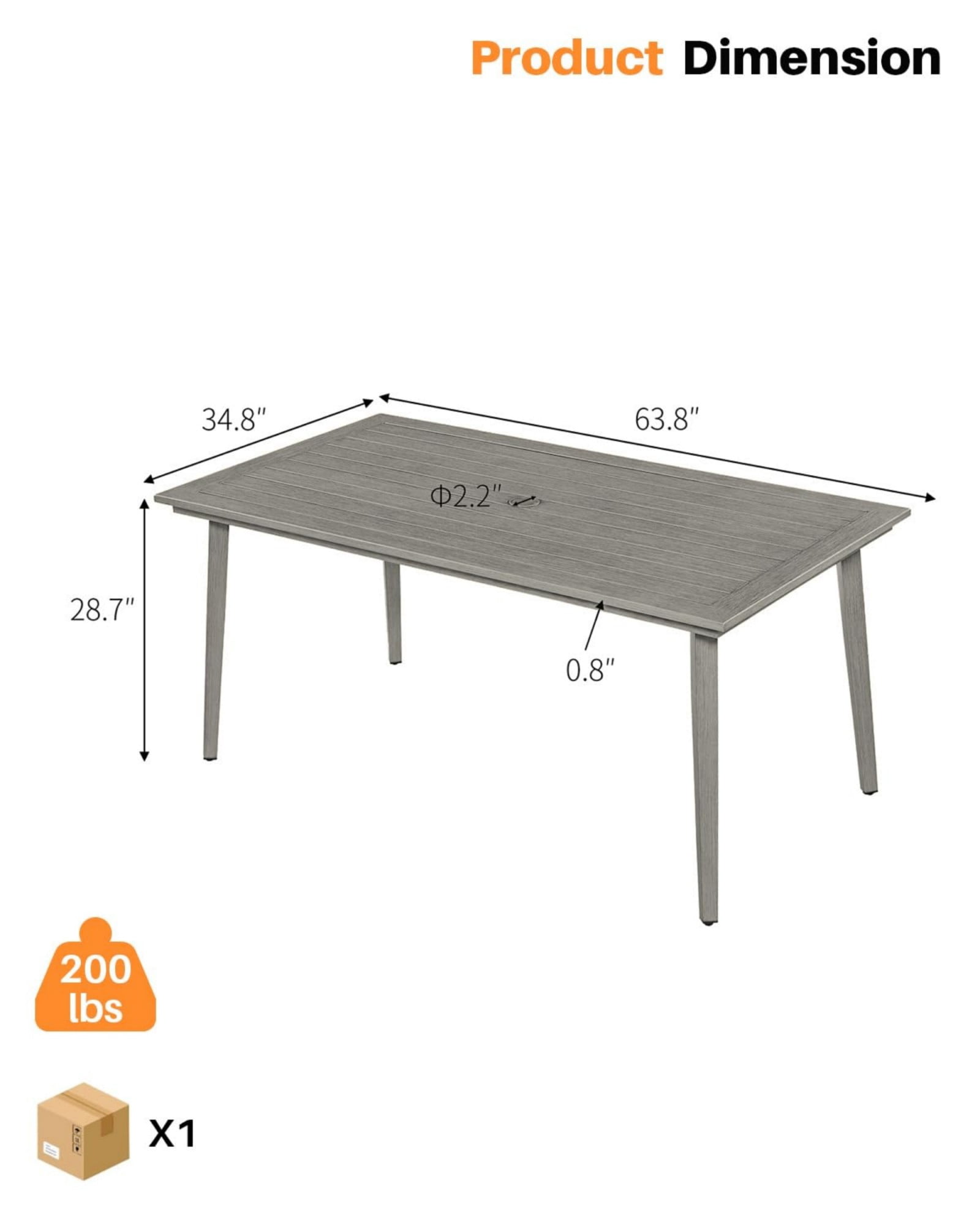 Outdoor Patio Dining Table for 6, Aluminum Outdoor Dining Table with Umbrella Hole, All Weather Patio Table for Garden, Deck, Porch, Lawn, Backyard, Gray