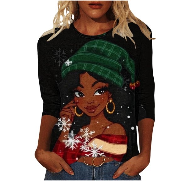 Women's Christmas Sweatshirts Crew Neck Pullover Sweater Blouses 3/4 Sleeve Tops Xmas Graphic Santa Claus Print Blouse Top Causal Dressy Xmas Holiday Top