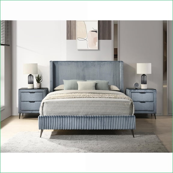 Bedroom Furniture Set Queen Size Wide Wale Corduroy Wingback Bed with 2 Nightstands, Navy Blue | Wingback Beds | Fabric Metal,MDF LVL