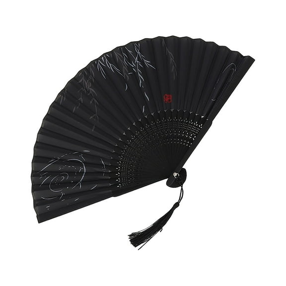 Folding Hand Fan, Portable Hand Fan, 8 in Bamboo Ribs, Black Fabric, Hand Fans for Women, Summer Outings, Traditional Events, 1 Pc
