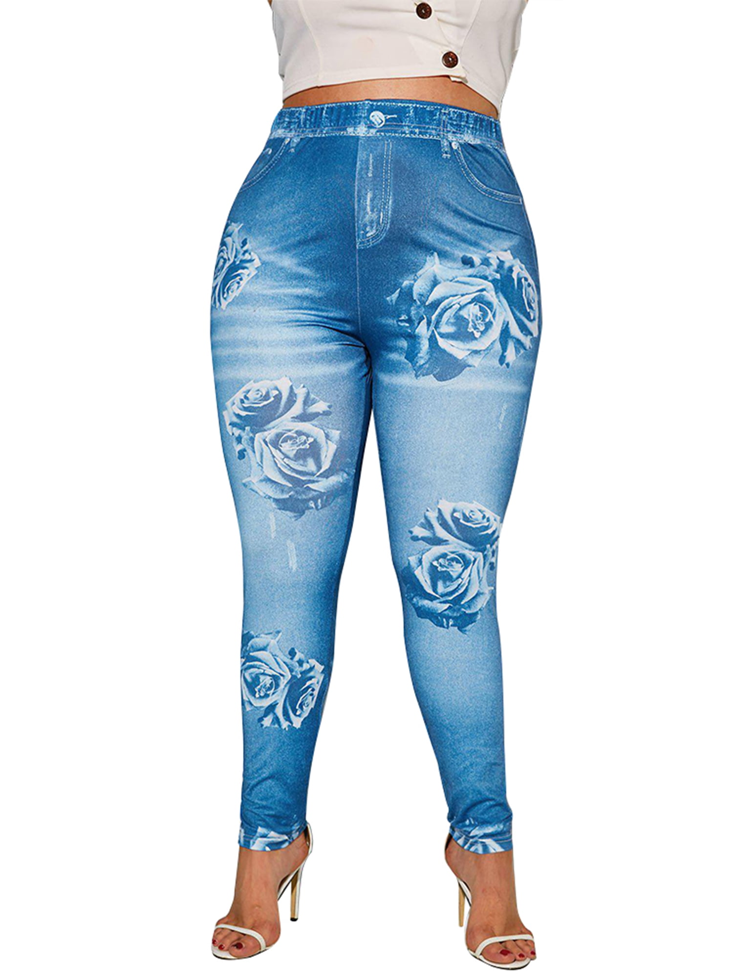 Scvgkk Womens Plus Size Leggings Pants Floral Print Stretch Denim Jeans