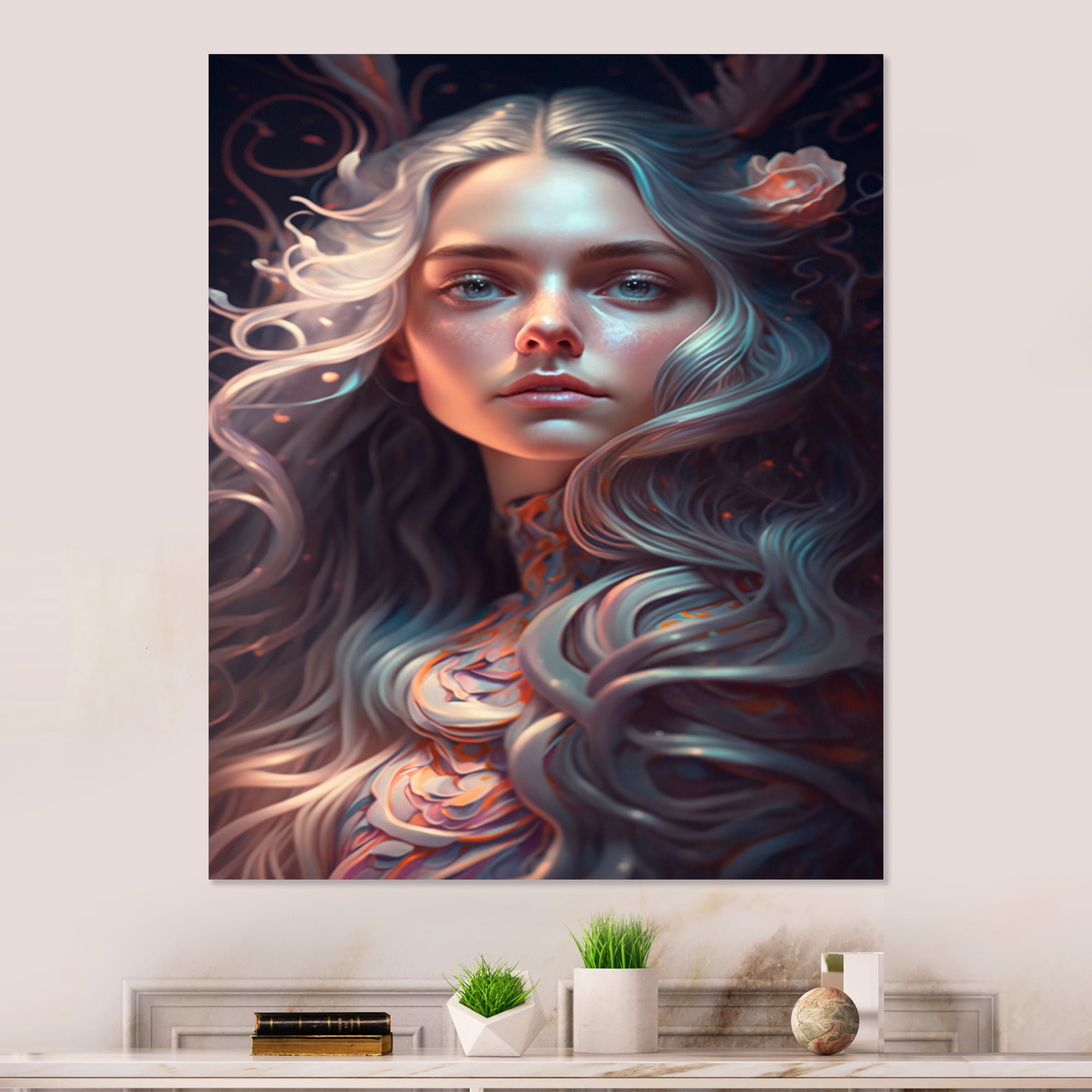 Designart Portrait Of Woman With Flowers Canvas Wall Art