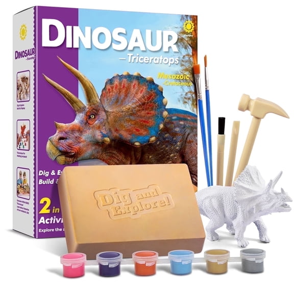 Piano Potato Dinosaur Triceratops Fossil Digging Kit for Kids 6 , 2-in-1 Dig & Build Educational Toy, Excavation Adventure with Paintable Model, Complete Paleontology Gift Set