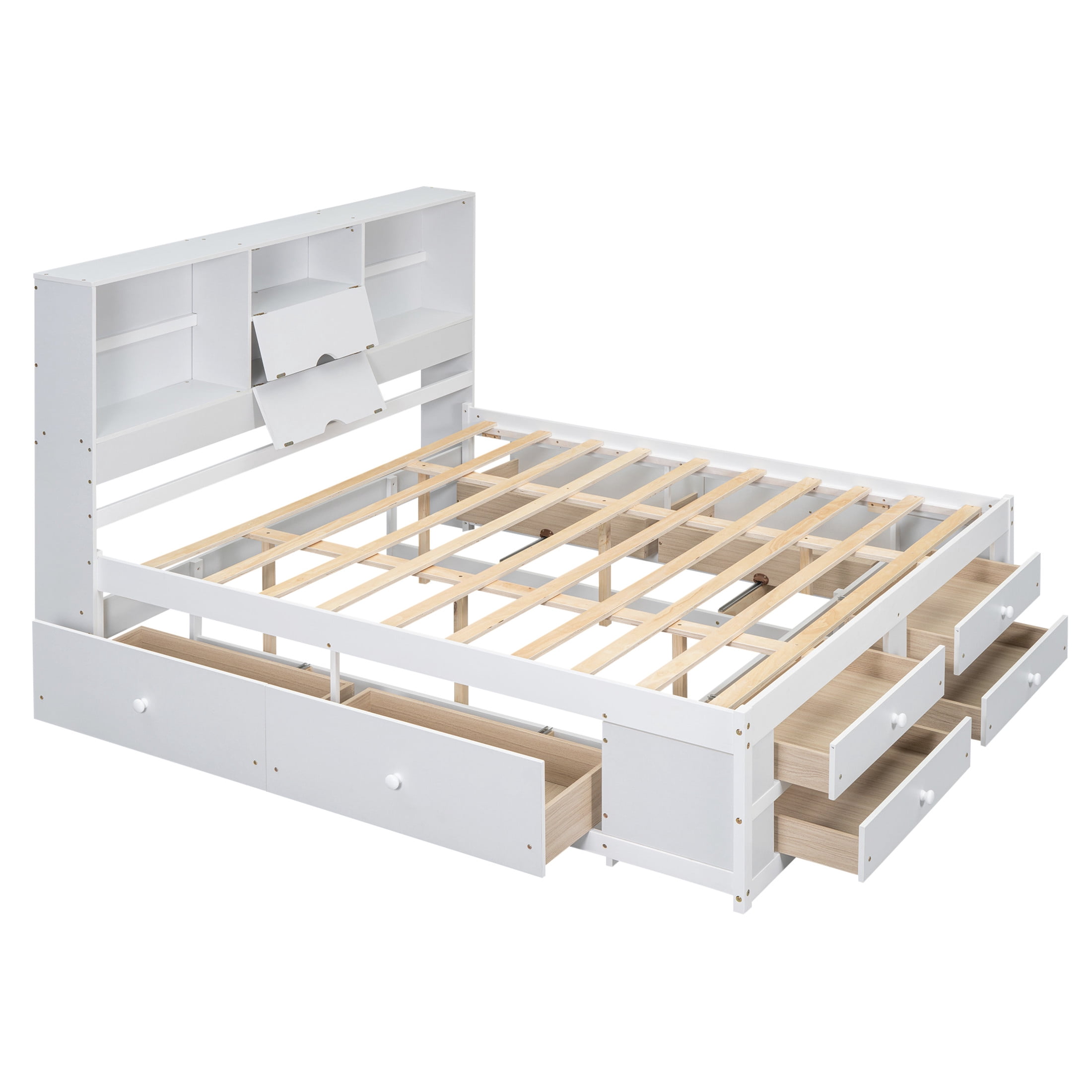 Noble House Solridge King Size Platform Bed with Bookcase Headboard and Storage Drawers, Solid Wood Frame, White