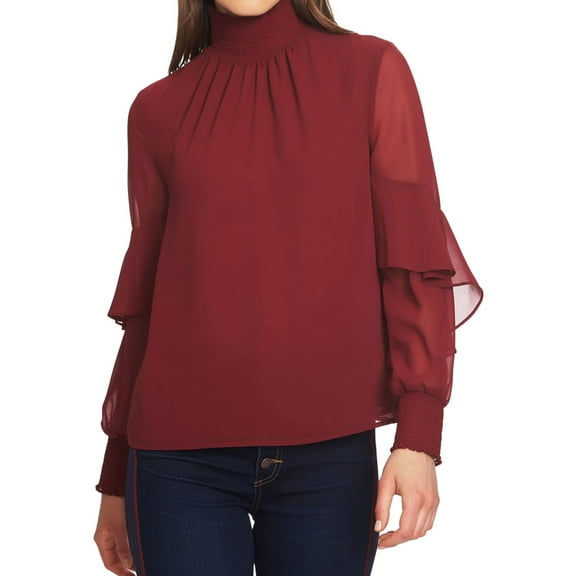 1.STATE Womens Chiffon Mock Neck Pullover Blouse, Red, Small