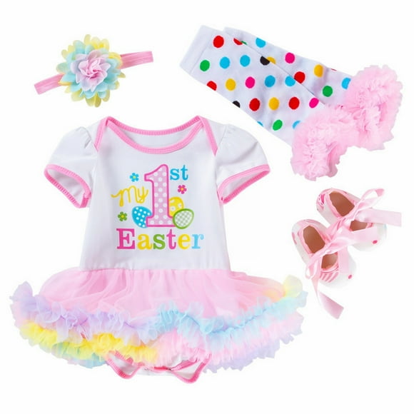 Ensemble de Vêtements pour Bébés Filles Nouveau-Nés Jupe de Dessin Animé de Pâques Coiffe Chaussettes Chaussures Quatre Pièces 0 à 2 Ans Vêtements pour Filles Taille 3-6 Mois