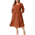 thumbnail image 1 of Vestido de puntos suizos de talla grande Agnes Orinda para mujeres, con cuello en V, mangas largas, cinturón atado, corte A, vestido midi fluido con bolsillos, 2X naranja, 1 of 6