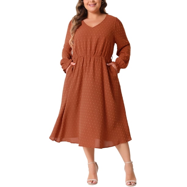 Vestido de puntos suizos de talla grande Agnes Orinda para mujeres, con cuello en V, mangas largas, cinturón atado, corte A, vestido midi fluido con bolsillos, 3X naranja