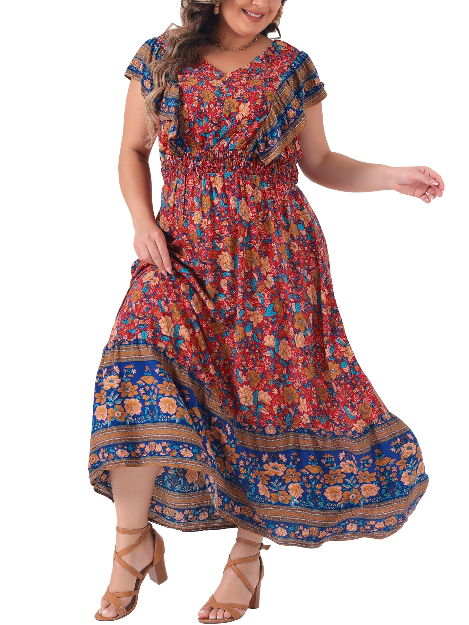 DARING DIVA Plus Size Floral  Ruffle Sleeve Beach Boho Maxi Dress 4X Red