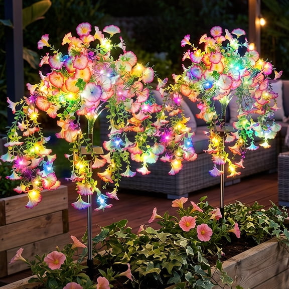 Rirool Solar Morning Glory Lights Outdoor 2 Pack, Hanging Flower Solar Lights with Warm White LED, IP65 Waterproof Solar Garden Lights Auto On/Off for Yard Patio Lawn Decoration