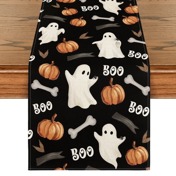 Smile Watercolor Cute Ghost Halloween Table Runner 13 x 72 Black