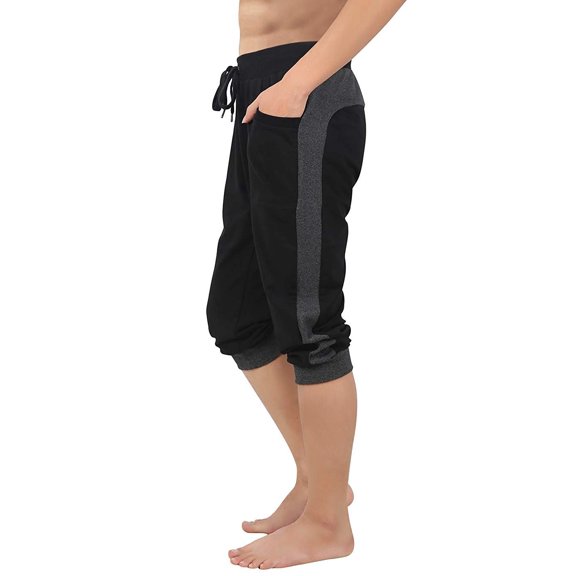 HDE Men's Cotton Casual Shorts 3/4 Workout Jogger Capri Pants Breathable Below Knee Short Pant with Two Pockets, Small (Black w Gray Stripe)