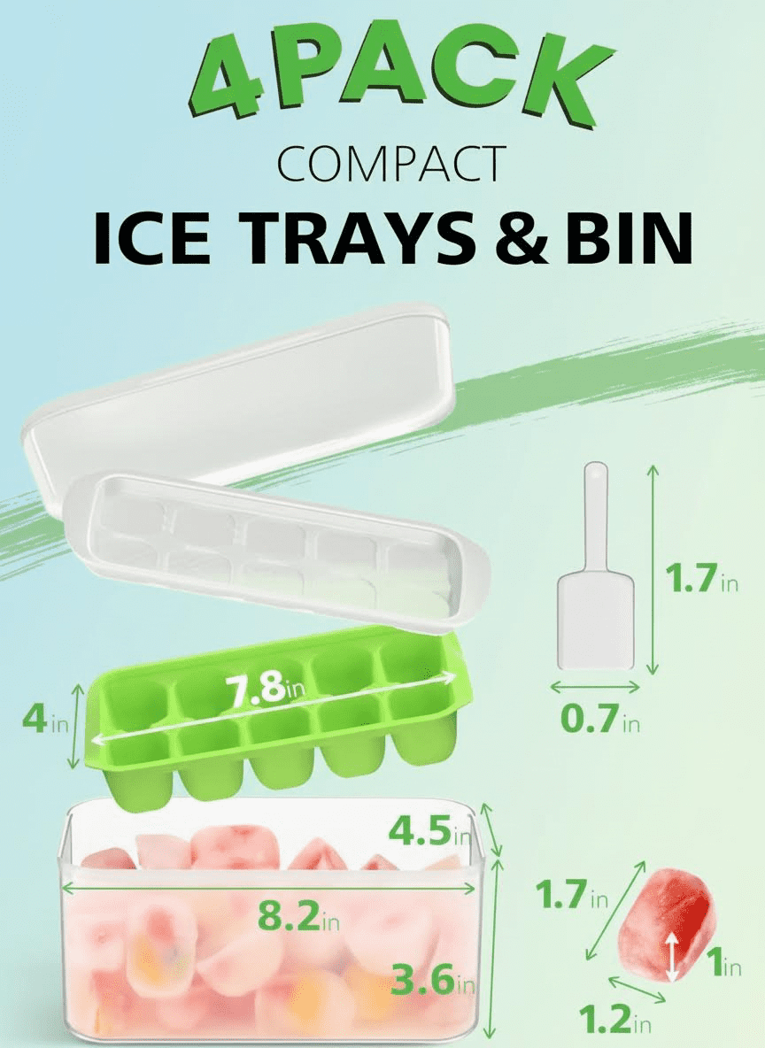 Stackable Silicone Ice Cube Trays with Lid and Storage Bin, 4-Pack Easy Release Freezer Trays for Cocktails, Coffee, Soups, BPA-Free Kitchen and RV Essentials
