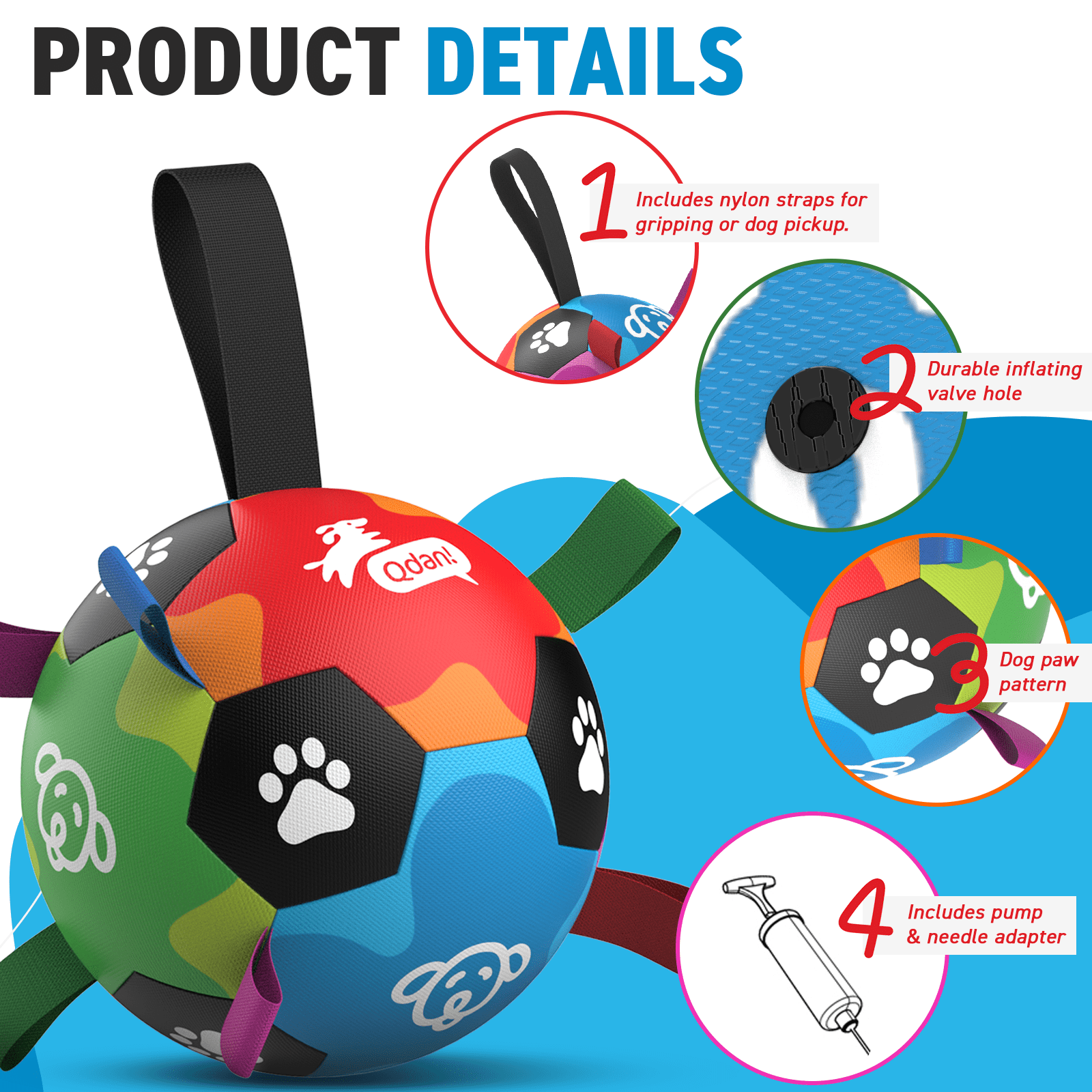 QDAN Dog Balls, Dog Soccer Ball Dog Toy, Puppy Toy for Small to Medium Dogs, Durable Water Play Ball with Straps (6 inch)