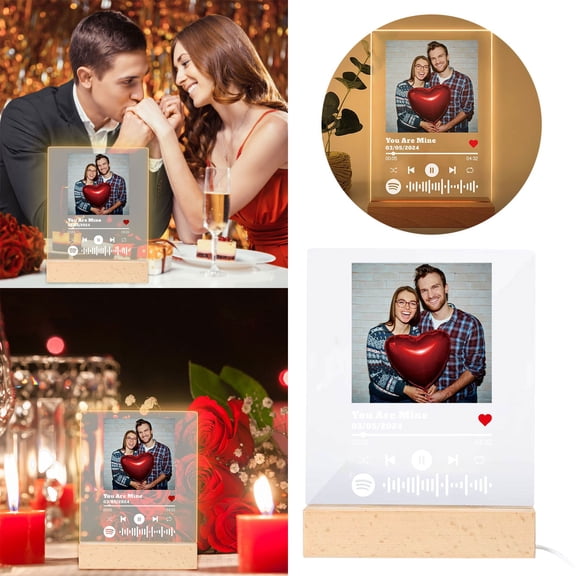 EcoNest Custom Plaque Music Picture Frame DIY Acrylic Wooden Song Plaque Photo Frame Night Light Custom Anniversary Birthday Presents For Women Men DIY Valentines Day Presents For Him Her