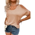 thumbnail image 4 of Langwyqu Summer Solid Color Women Cold Shoulder Women Scoop Neck Casual Blouse Tops, 4 of 5